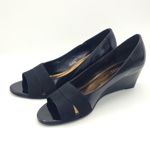 Ellen Tracy patent black peep toe wedges women's size 8.5 - Picture 4 of 10